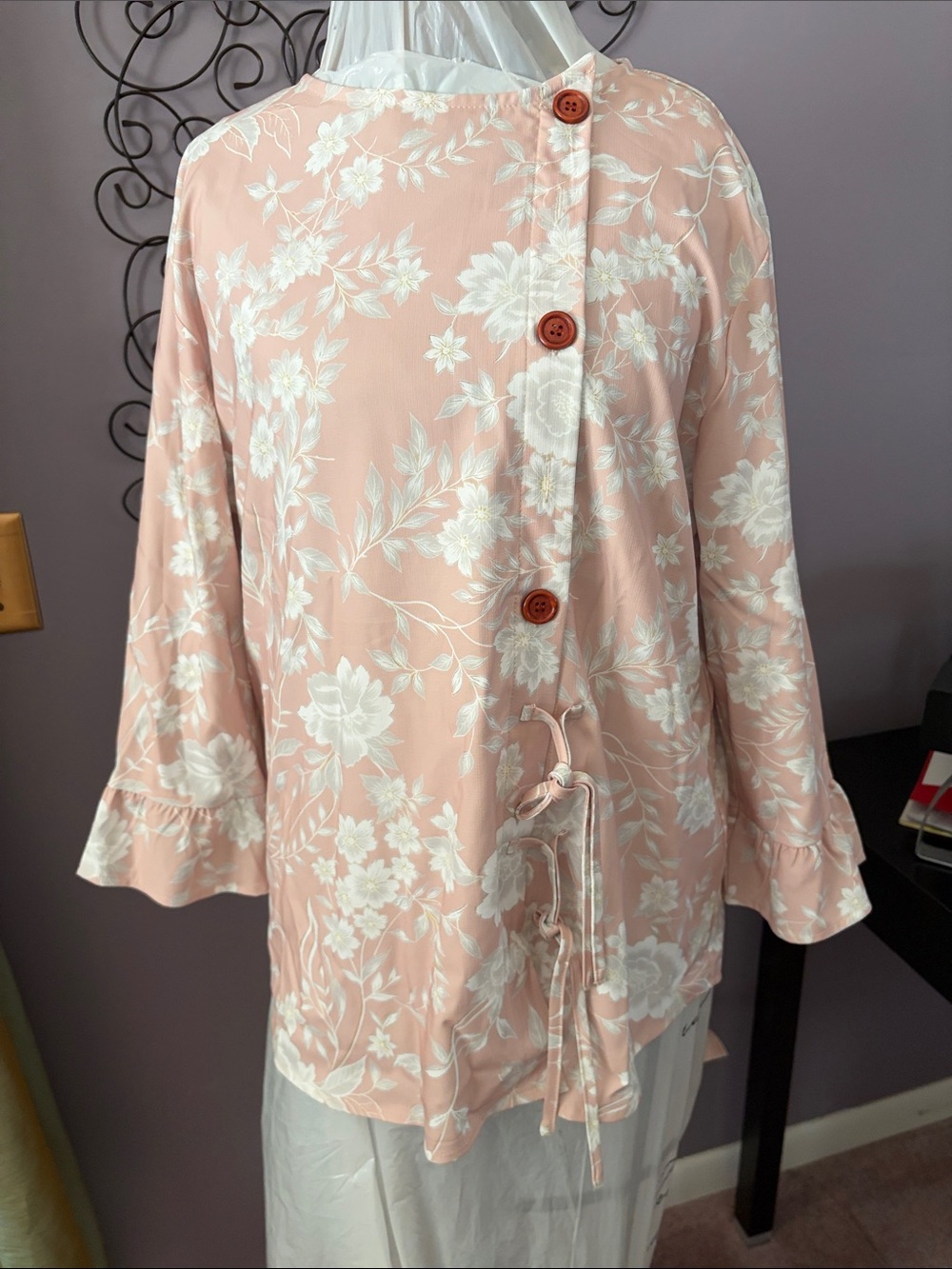 Petal-Print Pink Floral Button Tunic with Tie Detail